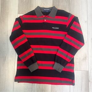 Polo Sport by Ralph Lauren Men's Black and Red Striped Rugby Long Sleeve Shirt